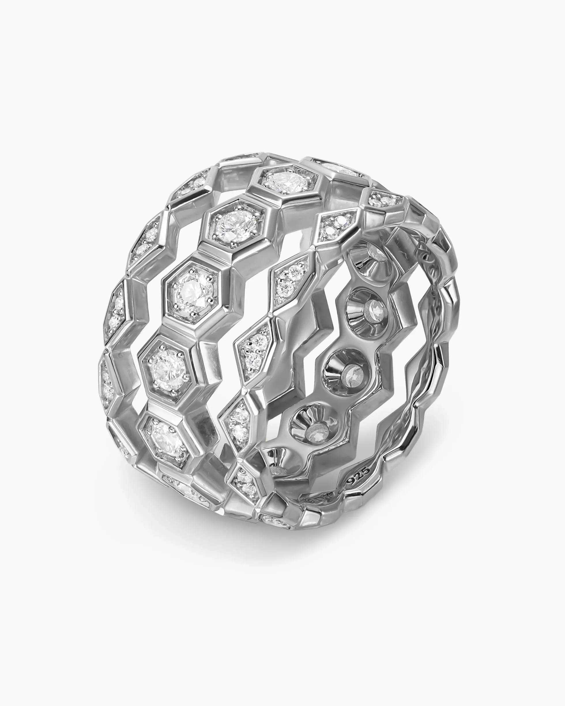 Hex Stack Ring Sterling Silver with Diamonds, 9.3mm