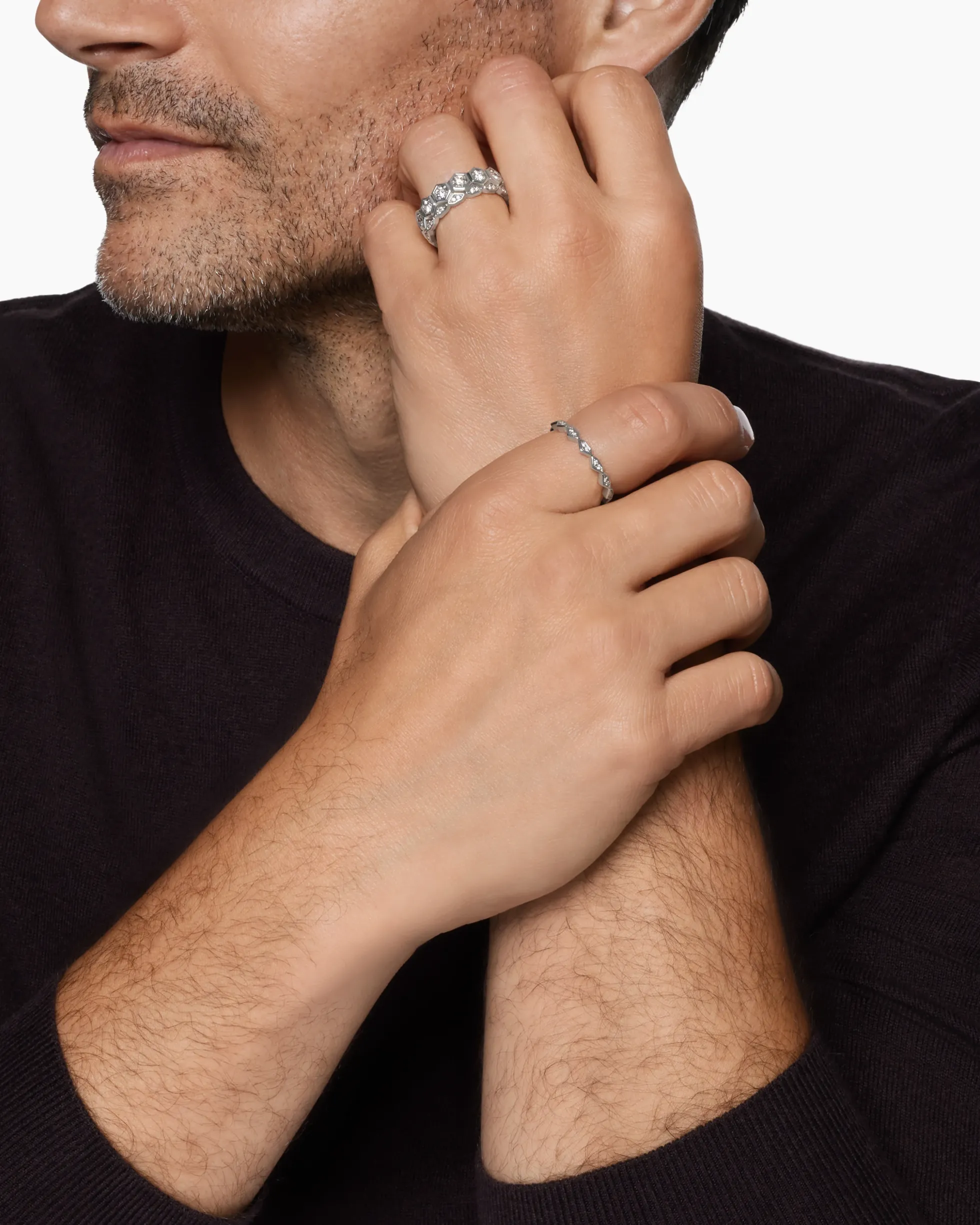 Hex Stack Ring Sterling Silver with Diamonds, 9.3mm