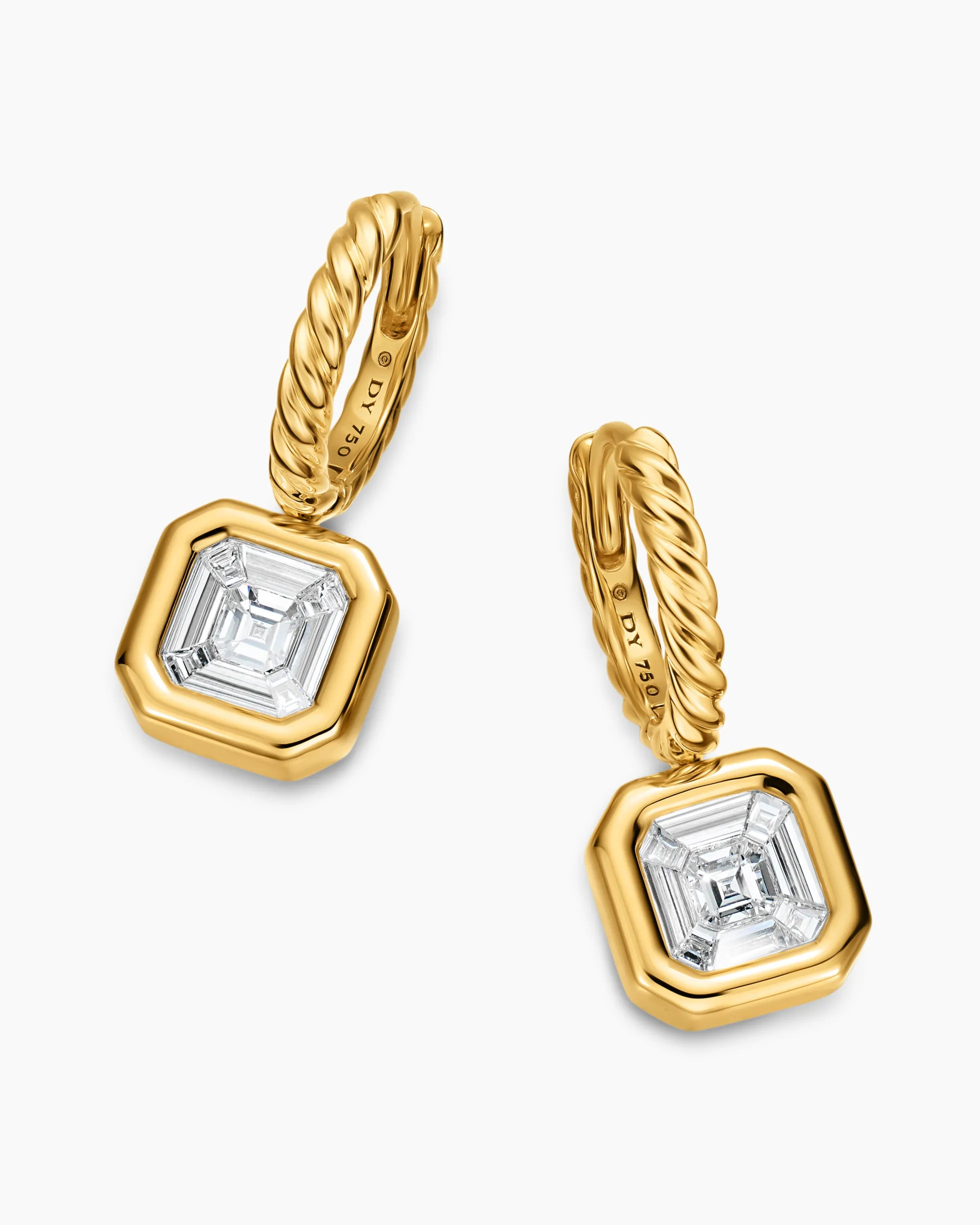 Illusion Set Drop Earrings 18K Yellow Gold with Square Diamonds, 7.7mm