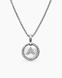 Initial Charm Necklace Sterling Silver with Diamond A
