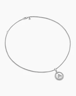 Initial Charm Necklace Sterling Silver with Diamond A