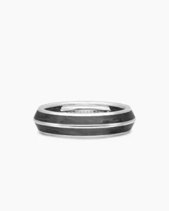 Knife Edge Band Ring 18K White Gold with Forged Carbon, 6mm