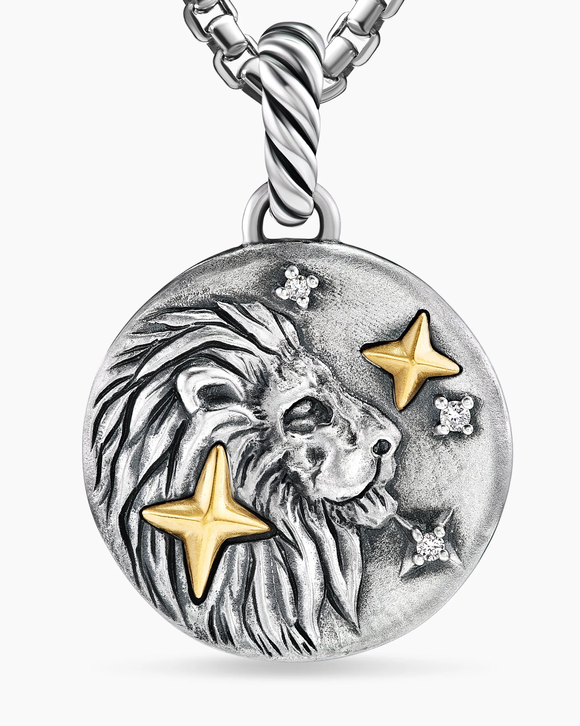 Leo Amulet Sterling Silver with 18K Yellow Gold and Diamonds, 19mm