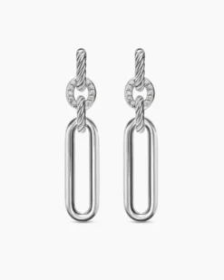 Lexington Double Link Drop Earrings Sterling Silver with Diamonds, 54mm