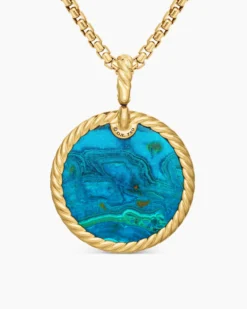 Limited DY Elements® Disc Pendant 18K Yellow Gold with Chrysocolla and Diamonds, 24mm