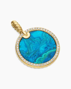Limited DY Elements® Disc Pendant 18K Yellow Gold with Chrysocolla and Diamonds, 24mm