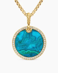 Limited DY Elements® Disc Pendant 18K Yellow Gold with Chrysocolla and Diamonds, 24mm