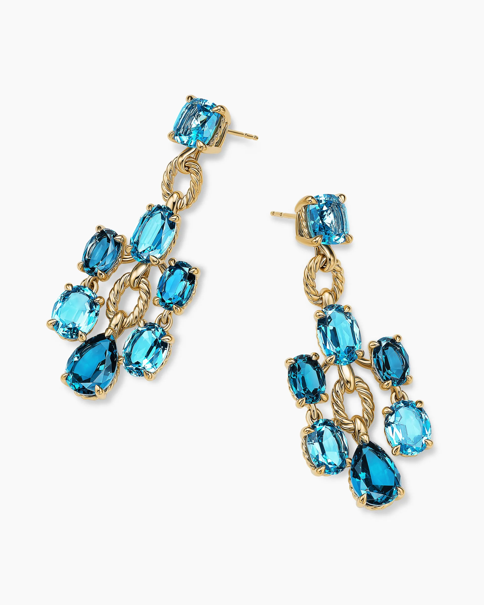 Marbella Chandelier Earrings 18K Yellow Gold with Blue Topaz and Hampton Blue Topaz, 57mm
