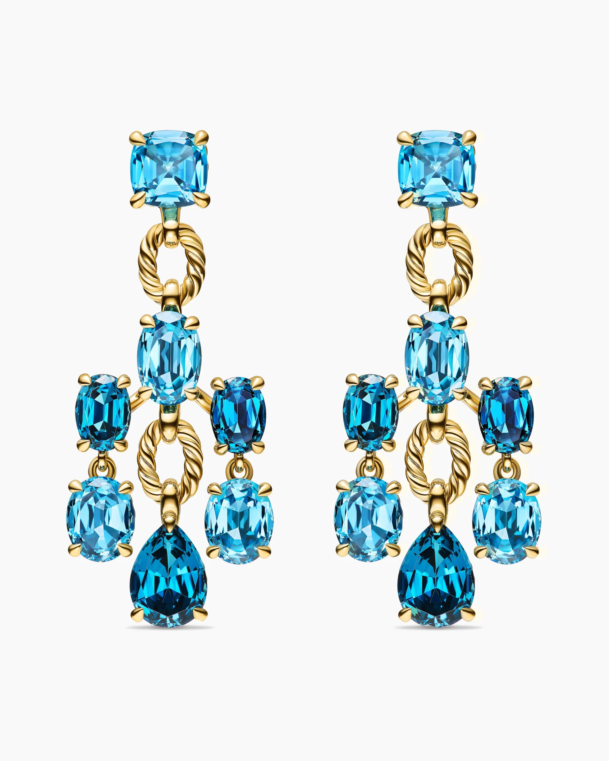 Marbella Chandelier Earrings 18K Yellow Gold with Blue Topaz and Hampton Blue Topaz, 57mm