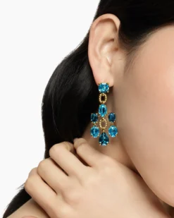 Marbella Chandelier Earrings 18K Yellow Gold with Blue Topaz and Hampton Blue Topaz, 57mm