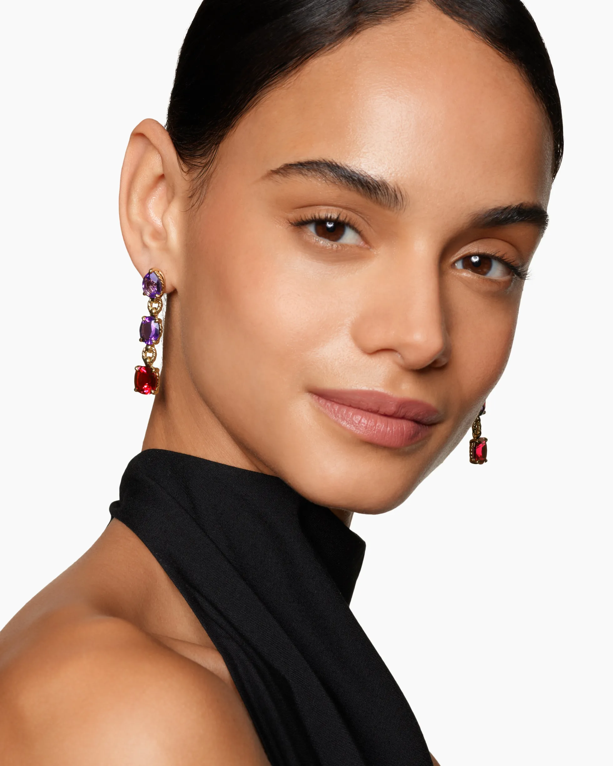 Marbella Drop Earrings 18K Yellow Gold with Amethyst and Rhodolite Garnet, 51mm
