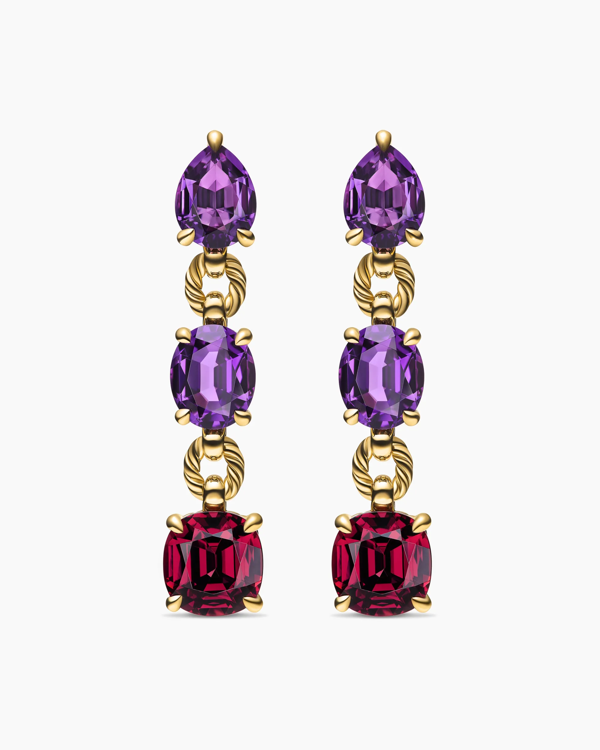 Marbella Drop Earrings 18K Yellow Gold with Amethyst and Rhodolite Garnet, 51mm