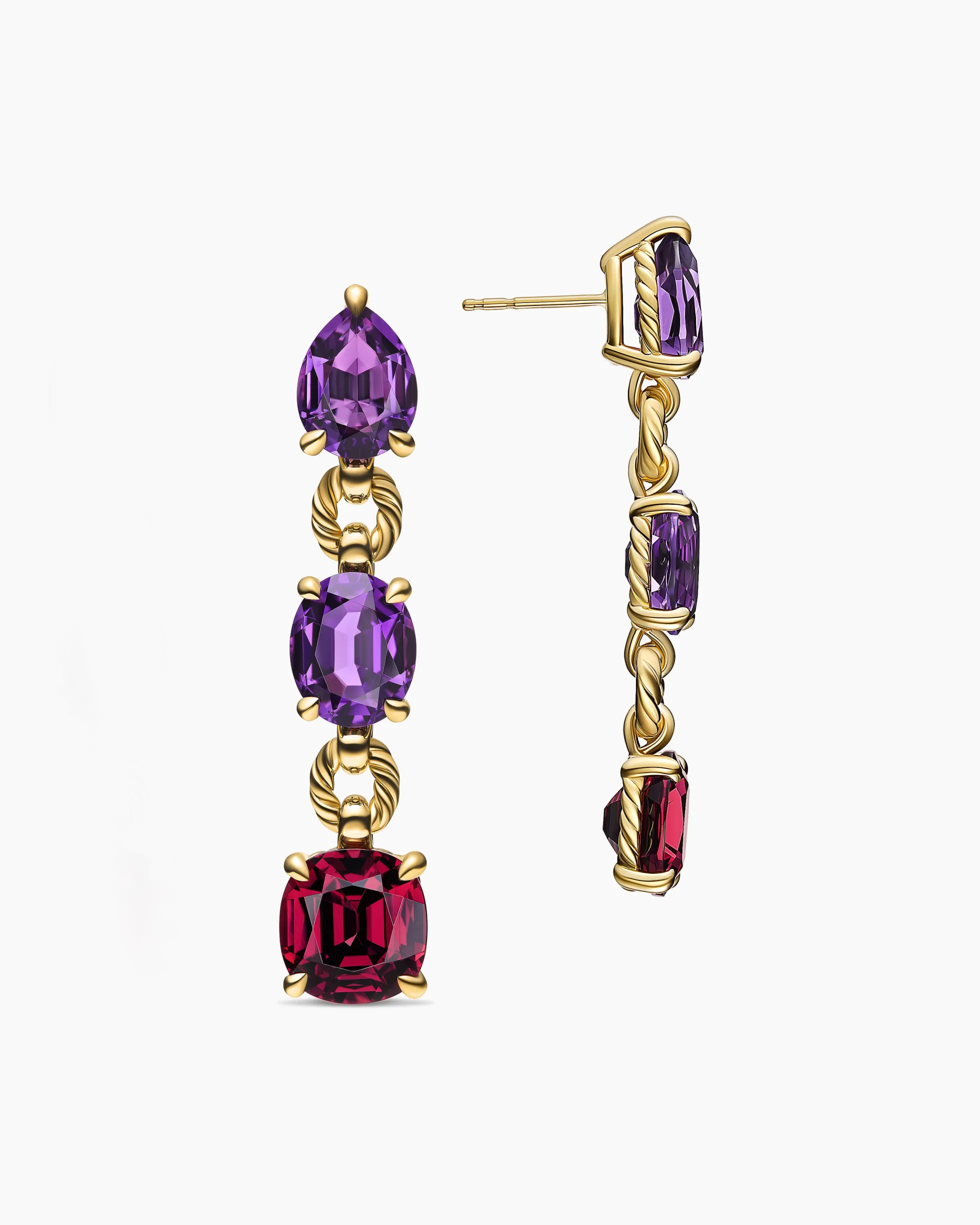 Marbella Drop Earrings 18K Yellow Gold with Amethyst and Rhodolite Garnet, 51mm