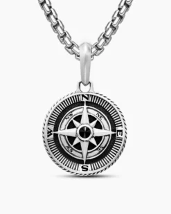 Maritime® Compass Amulet Sterling Silver with Center Black Diamond, 20mm