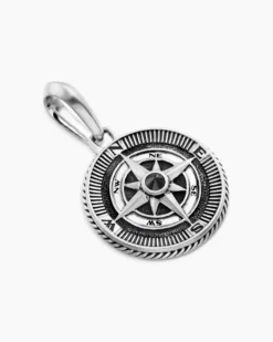 Maritime® Compass Amulet Sterling Silver with Center Black Diamond, 20mm