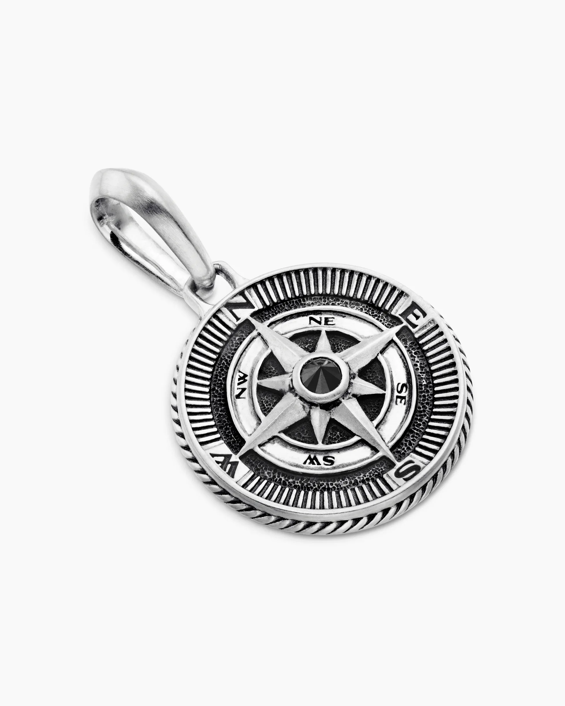 Maritime® Compass Amulet Sterling Silver with Center Black Diamond, 20mm