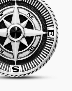 Maritime® Compass Amulet Sterling Silver with Center Black Diamond, 20mm