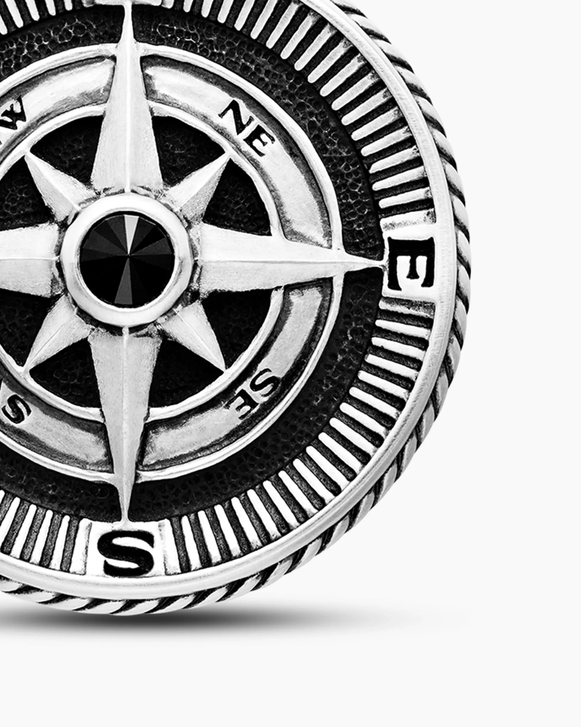 Maritime® Compass Amulet Sterling Silver with Center Black Diamond, 20mm