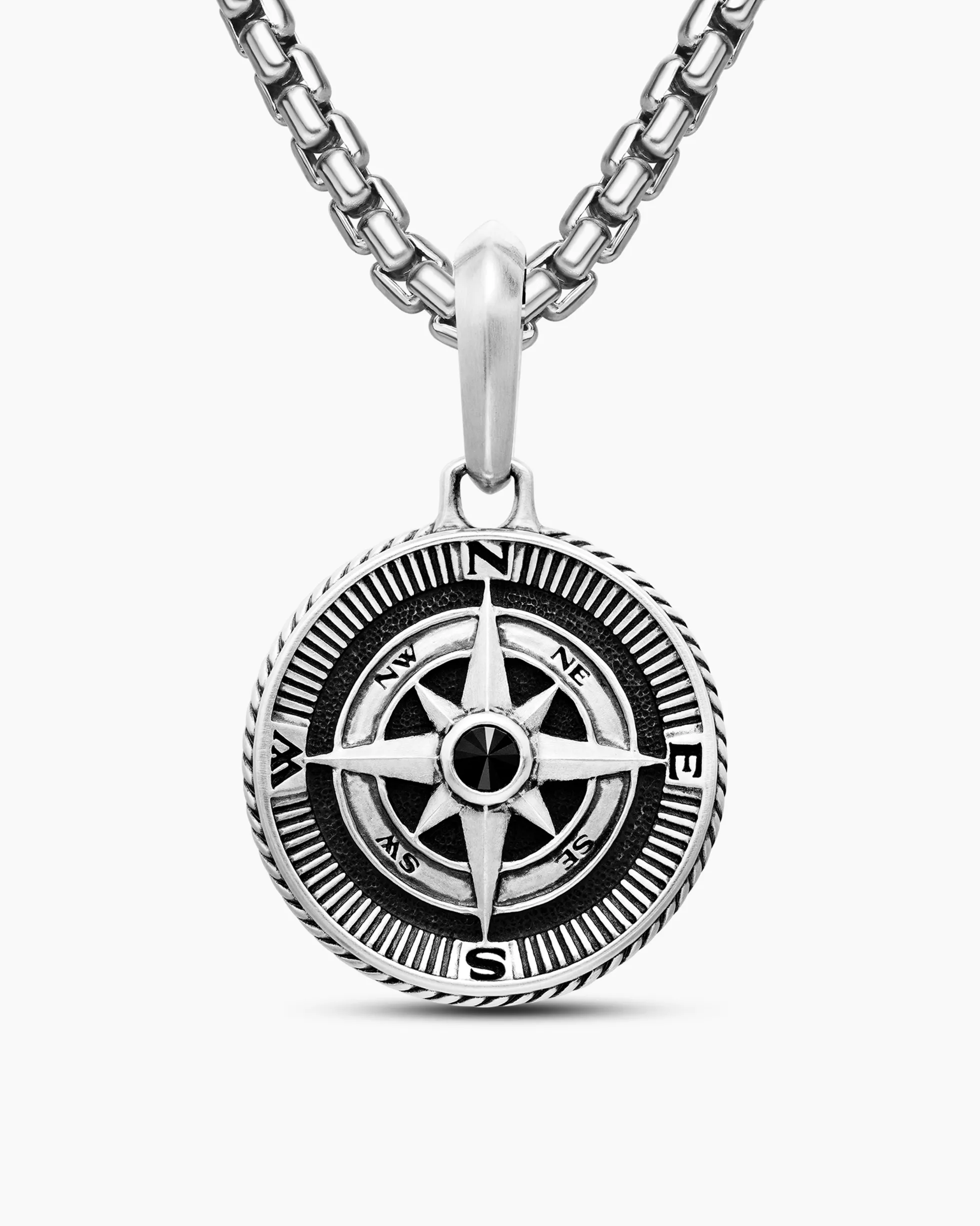 Maritime® Compass Amulet Sterling Silver with Center Black Diamond, 20mm