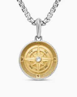 Maritime® Compass Amulet Sterling Silver with 18K Yellow Gold and Center Diamond, 20mm
