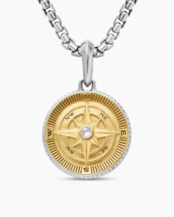 Maritime® Compass Amulet Sterling Silver with 18K Yellow Gold and Center Diamond, 20mm