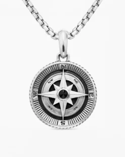 Maritime® Compass Amulet Sterling Silver with Center Black Diamond, 26.8mm