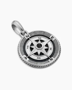 Maritime® Compass Amulet Sterling Silver with Center Black Diamond, 26.8mm