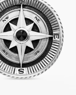 Maritime® Compass Amulet Sterling Silver with Center Black Diamond, 26.8mm