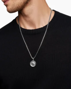 Maritime® Compass Amulet Sterling Silver with Center Black Diamond, 26.8mm