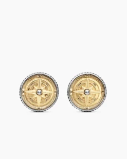 Maritime® Compass Cufflinks Sterling Silver with 18K Yellow Gold and Center Diamond, 16mm
