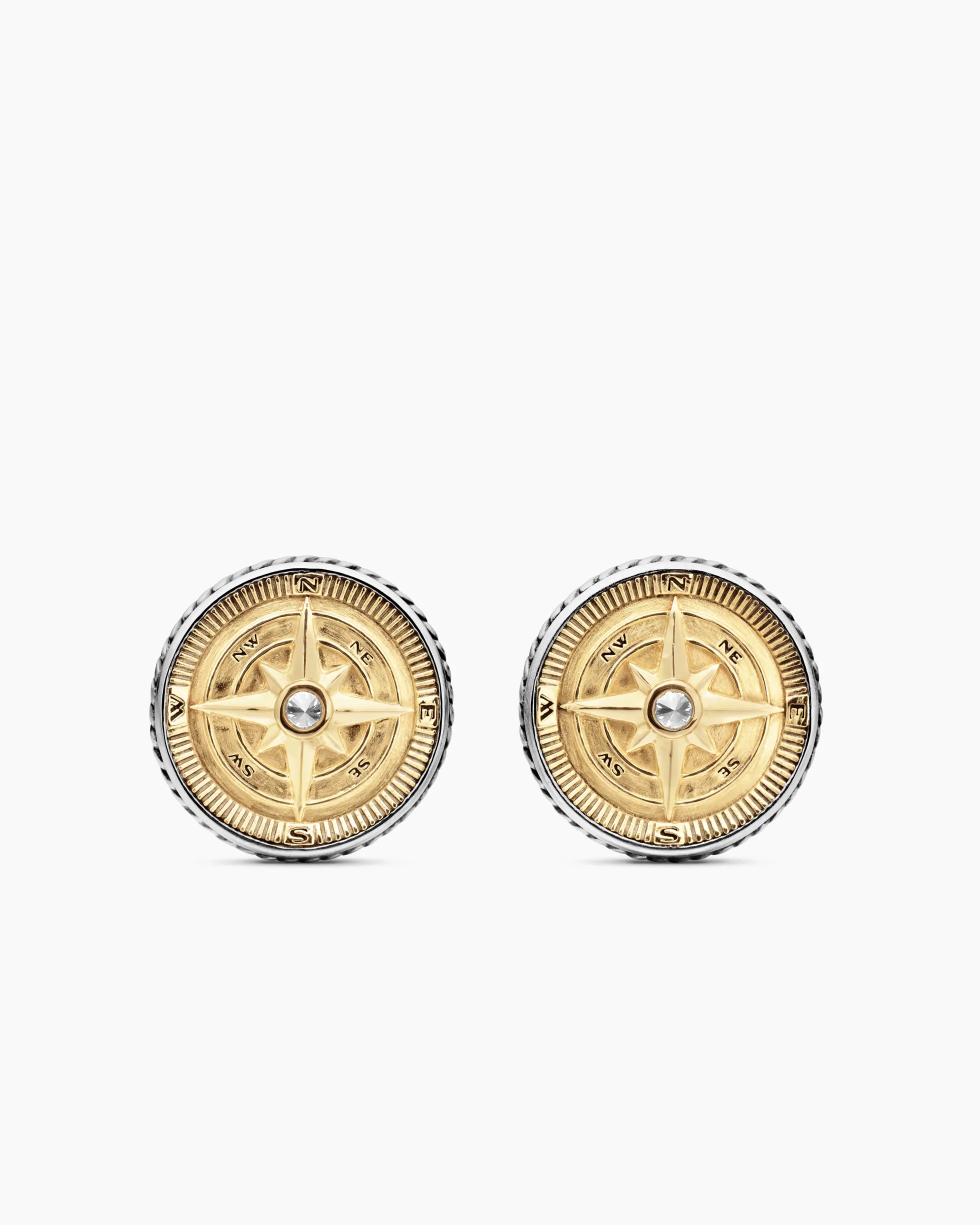 Maritime® Compass Cufflinks Sterling Silver with 18K Yellow Gold and Center Diamond, 16mm