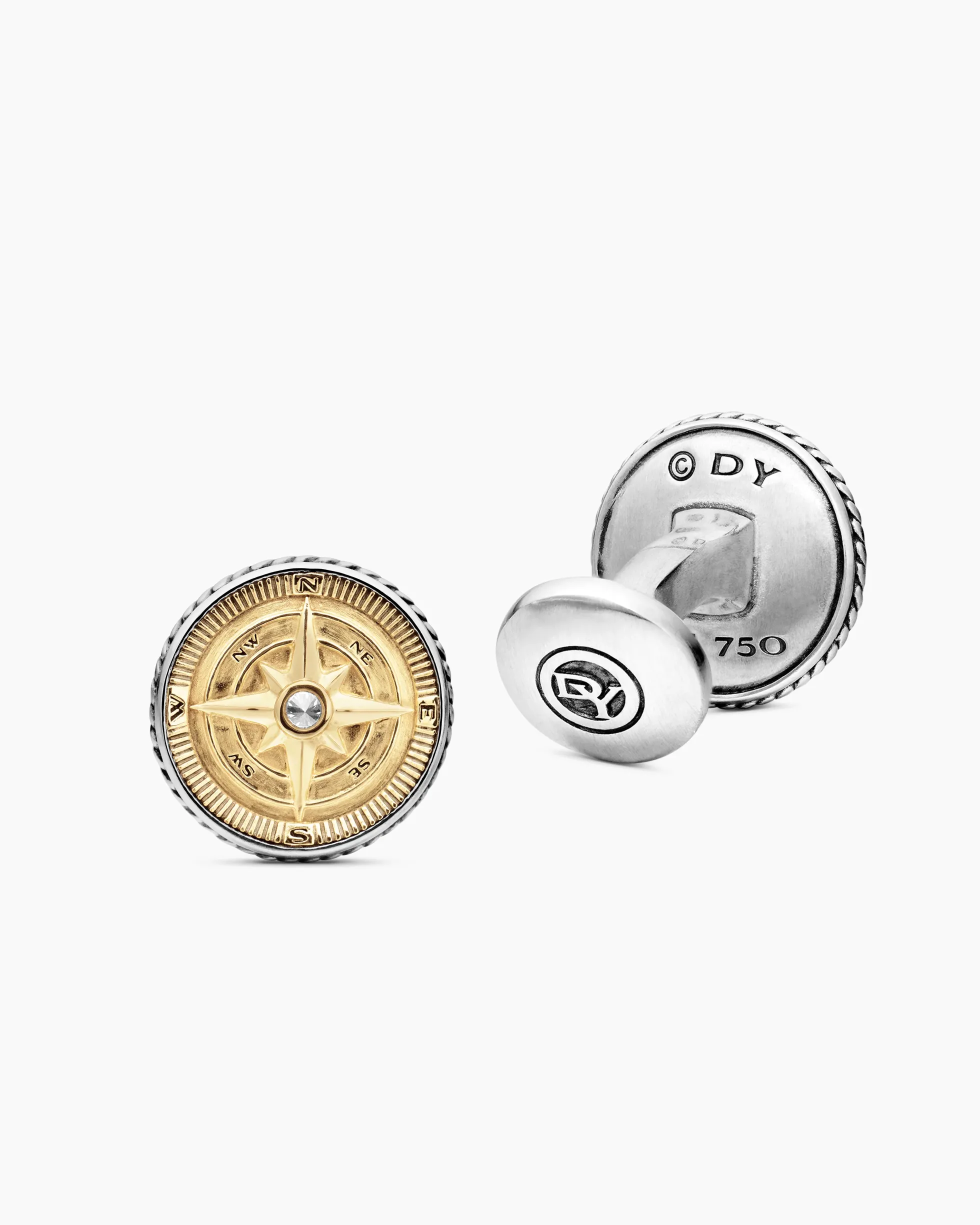 Maritime® Compass Cufflinks Sterling Silver with 18K Yellow Gold and Center Diamond, 16mm