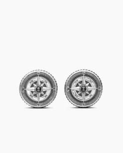 Maritime® Compass Cufflinks Sterling Silver with Center Black Diamond, 16mm