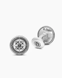 Maritime® Compass Cufflinks Sterling Silver with Center Black Diamond, 16mm