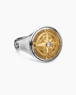 Maritime® Compass Signet Ring Sterling Silver with 18K Yellow Gold and Center Diamond, 19.4mm