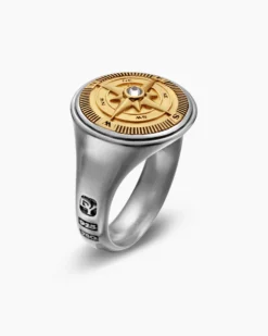 Maritime® Compass Signet Ring Sterling Silver with 18K Yellow Gold and Center Diamond, 19.4mm