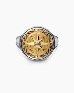 Maritime® Compass Signet Ring Sterling Silver with 18K Yellow Gold and Center Diamond, 19.4mm
