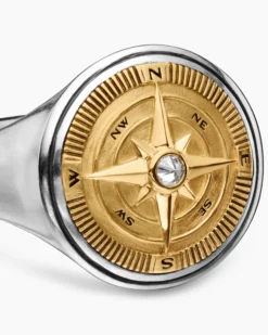 Maritime® Compass Signet Ring Sterling Silver with 18K Yellow Gold and Center Diamond, 19.4mm