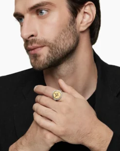 Maritime® Compass Signet Ring Sterling Silver with 18K Yellow Gold and Center Diamond, 19.4mm