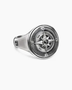Maritime® Compass Signet Ring Sterling Silver with Center Black Diamond, 19.4mm