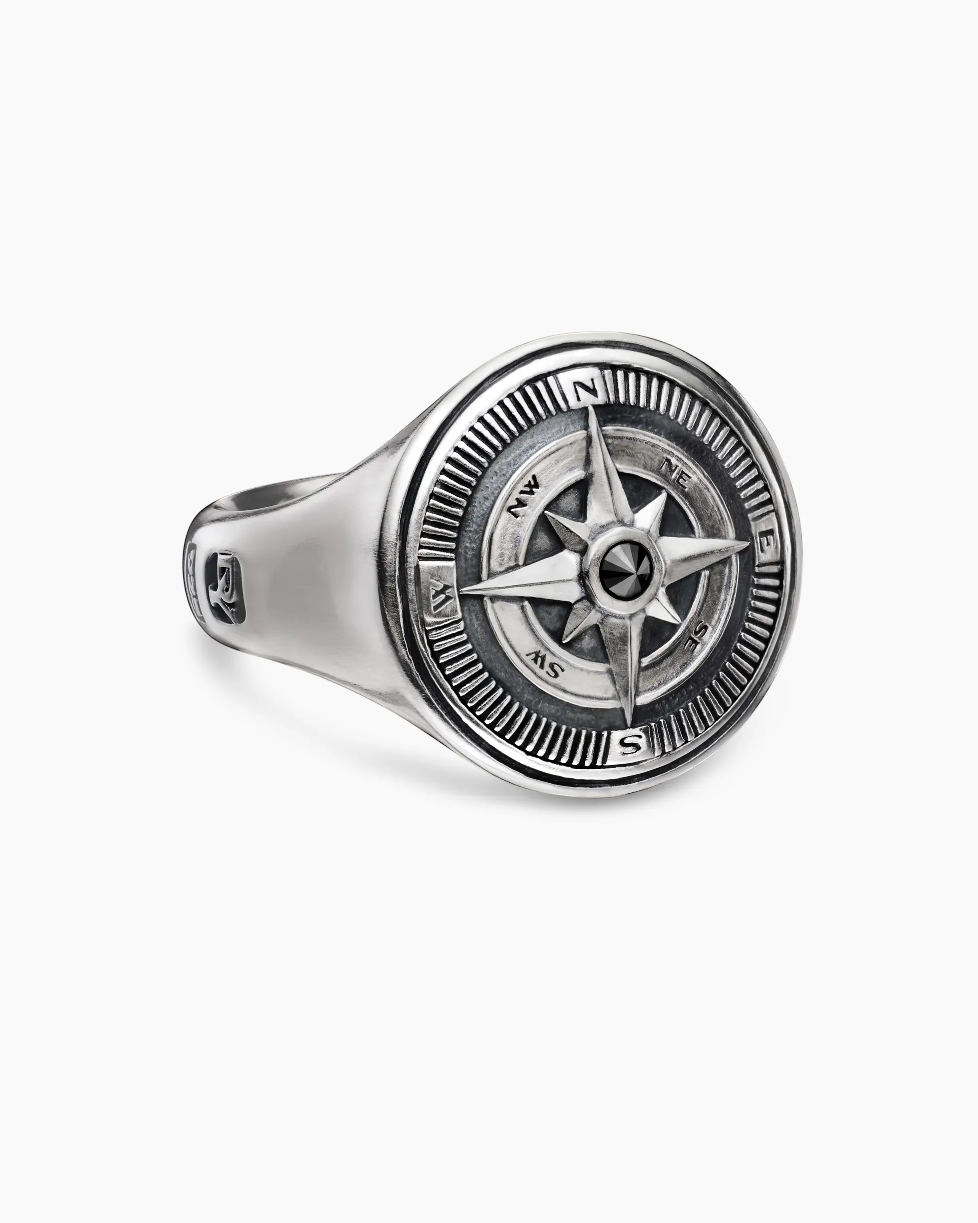 Maritime® Compass Signet Ring Sterling Silver with Center Black Diamond, 19.4mm