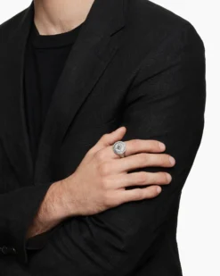 Maritime® Compass Signet Ring Sterling Silver with Center Black Diamond, 19.4mm