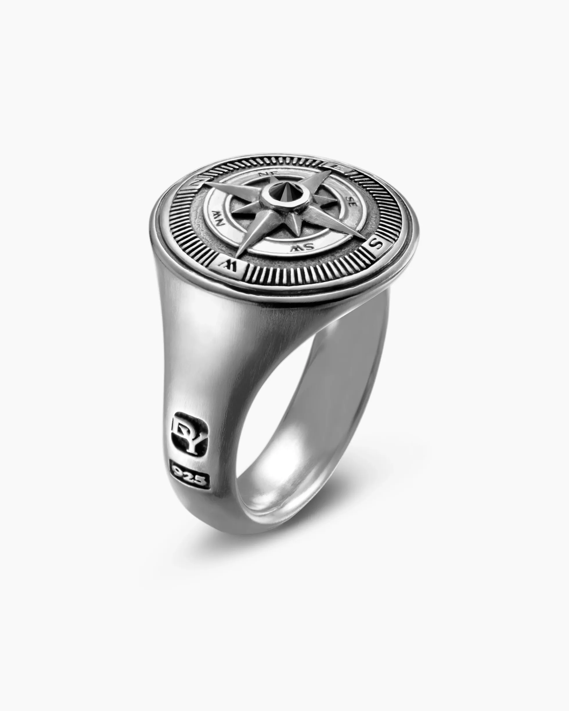 Maritime® Compass Signet Ring Sterling Silver with Center Black Diamond, 19.4mm