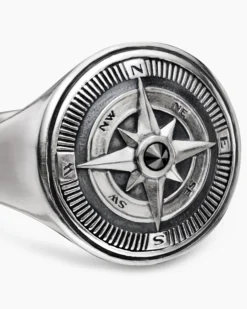 Maritime® Compass Signet Ring Sterling Silver with Center Black Diamond, 19.4mm