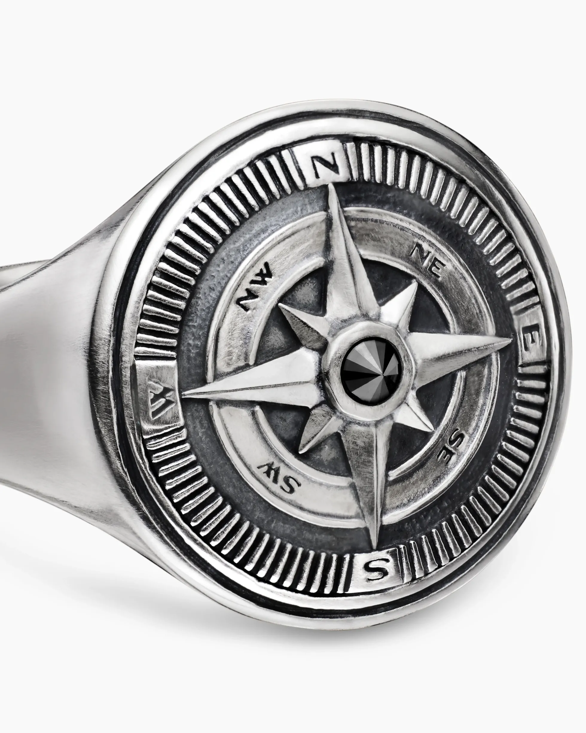 Maritime® Compass Signet Ring Sterling Silver with Center Black Diamond, 19.4mm