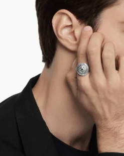 Maritime® Compass Signet Ring Sterling Silver with Center Black Diamond, 19.4mm