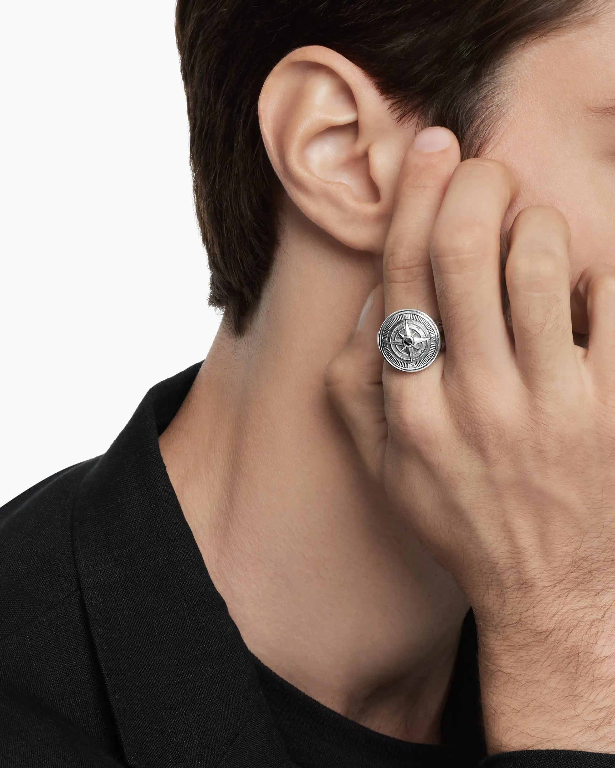Maritime® Compass Signet Ring Sterling Silver with Center Black Diamond, 19.4mm
