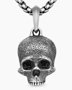 Memento Mori Skull Amulet Sterling Silver with Black Diamonds, 18mm