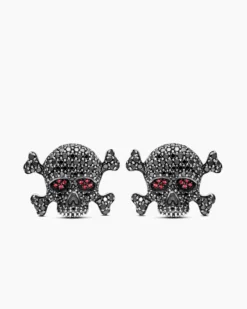 Memento Mori Skull Cufflinks Sterling Silver with Black Diamonds and Rubies, 24mm