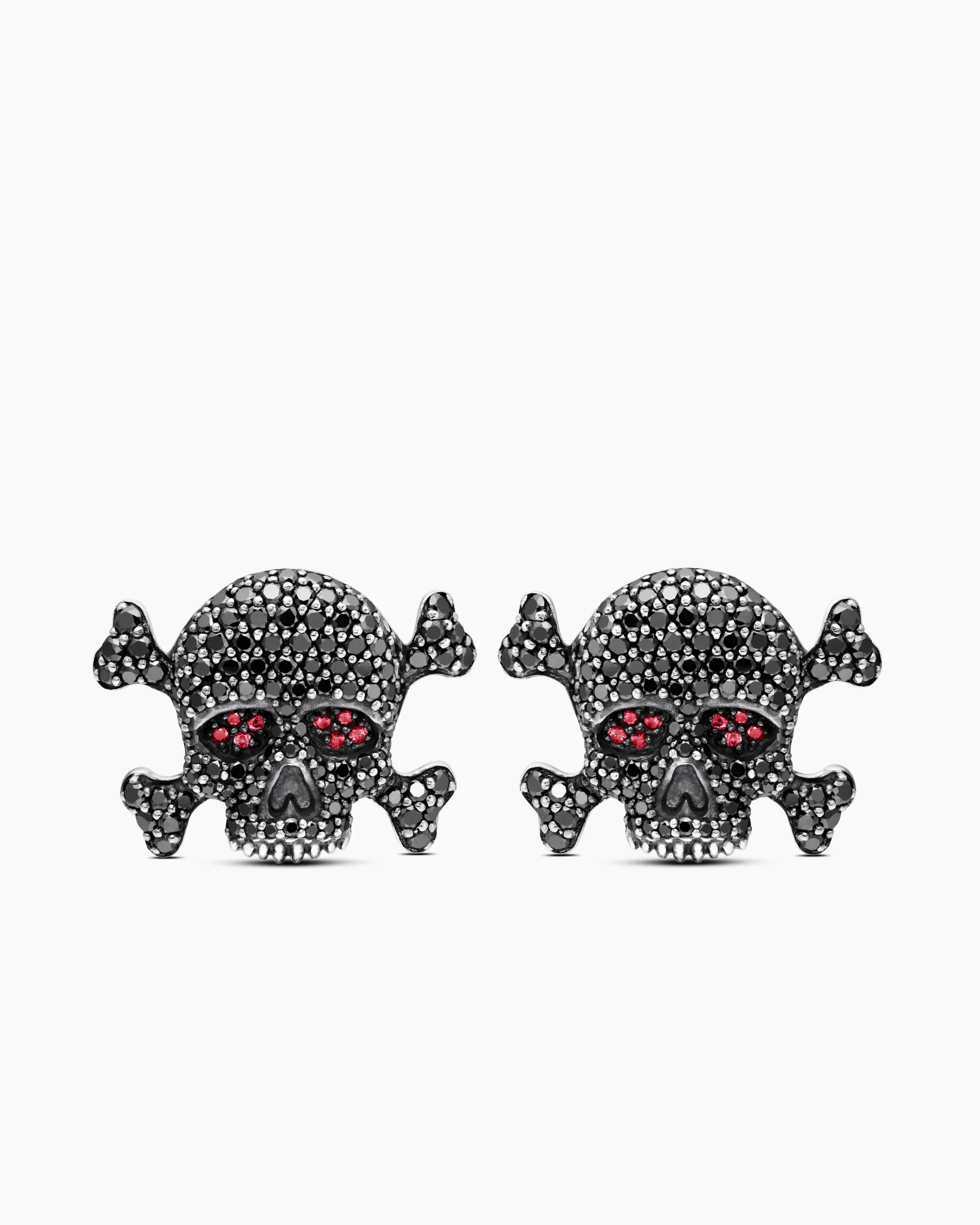 Memento Mori Skull Cufflinks Sterling Silver with Black Diamonds and Rubies, 24mm